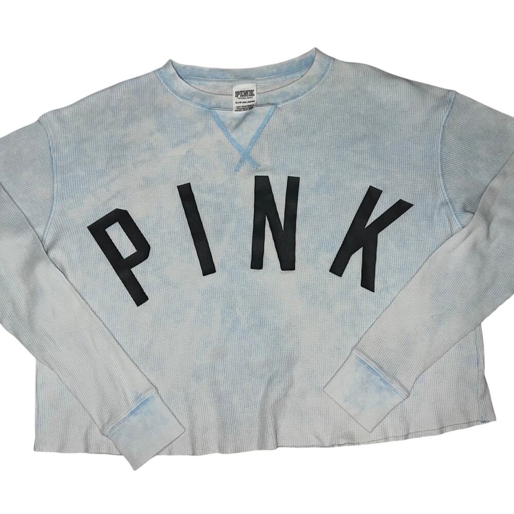 Victoria Secret PINK Blue Crop Tie Dye Thermal Long Sleeve Shirt Size XS